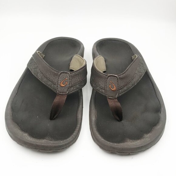 OLUKAI Brown Leather Flip Flop Thong Sandals Mens 10 - Picture 2 of 11
